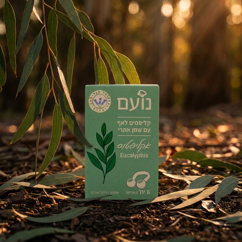 קופסת נועם אקליפטוס בין עלי אקליפטוס