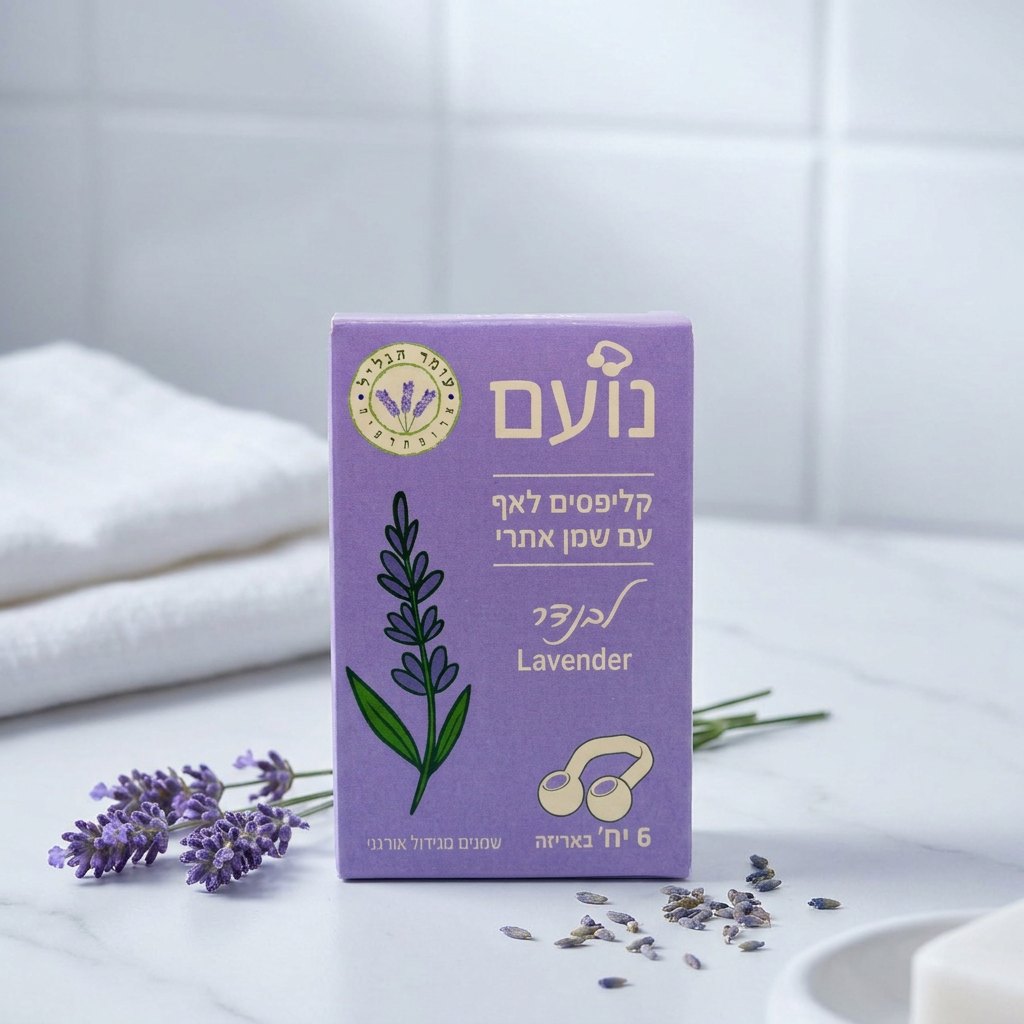 קופסת נועם לבנדר על משטח שיש עם פרחי לבנדר